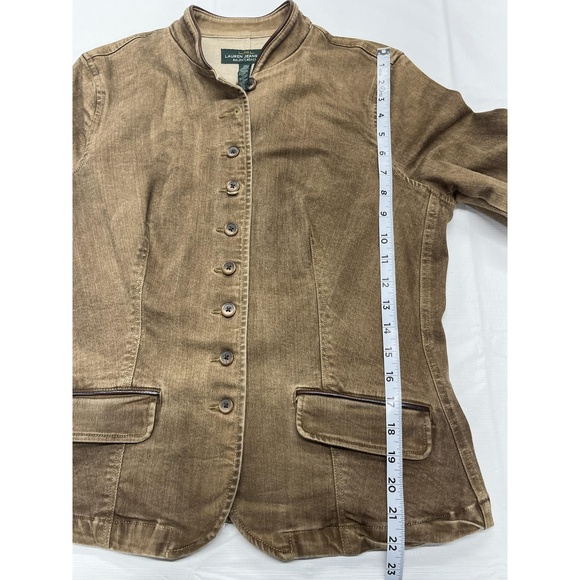 LRL Lauren Jeans Co. Womens Brown Stretch Denim‎ Leather Trim Jacket Sz 12 - Picture 7 of 12
